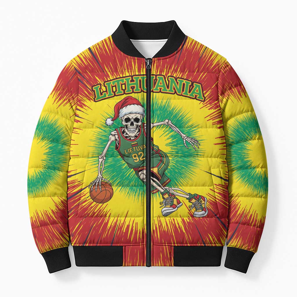 Personalized Lithuania Christmas Tie Dye Bomber Puffer Jacket Skeleton Basketball Slam Dunk LT19
