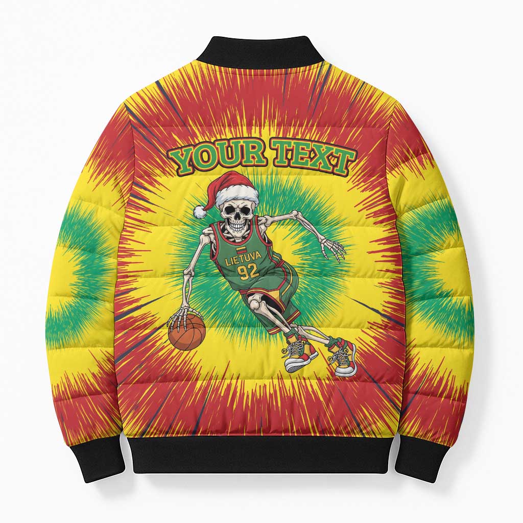 Personalized Lithuania Christmas Tie Dye Bomber Puffer Jacket Skeleton Basketball Slam Dunk LT19