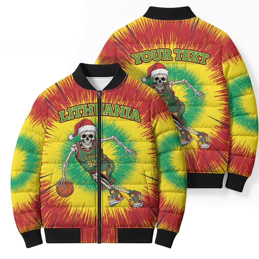 Personalized Lithuania Christmas Tie Dye Bomber Puffer Jacket Skeleton Basketball Slam Dunk LT19