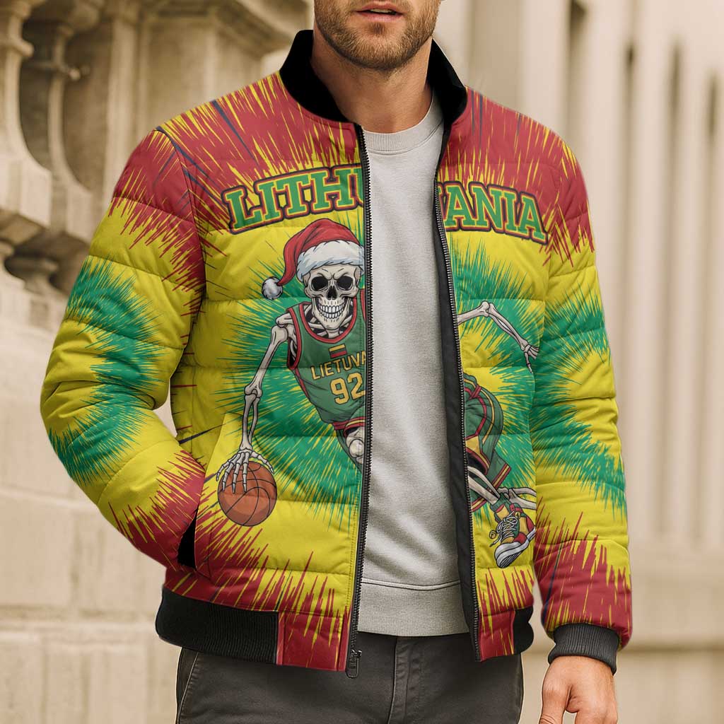 Personalized Lithuania Christmas Tie Dye Bomber Puffer Jacket Skeleton Basketball Slam Dunk LT19