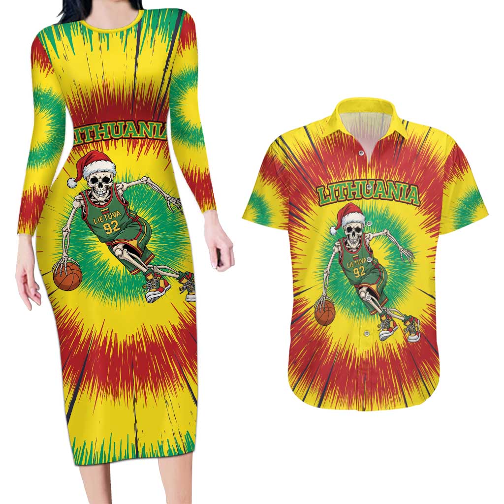 Personalized Lithuania Christmas Tie Dye Couples Matching Long Sleeve Bodycon Dress and Hawaiian Shirt Skeleton Basketball Slam Dunk LT19