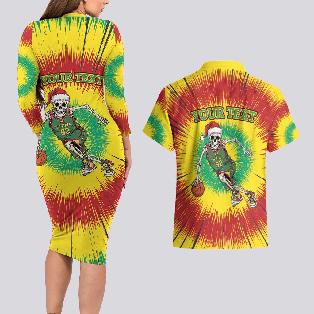 Personalized Lithuania Christmas Tie Dye Couples Matching Long Sleeve Bodycon Dress and Hawaiian Shirt Skeleton Basketball Slam Dunk LT19