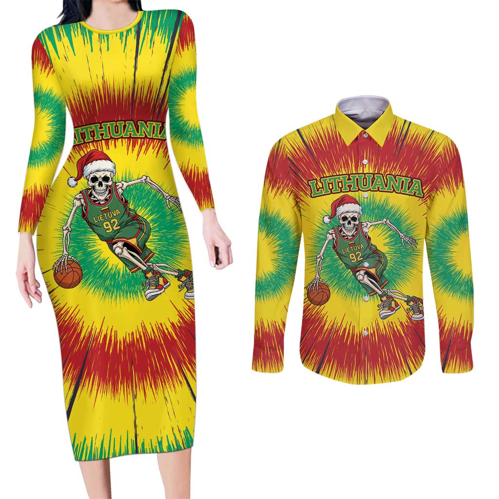 Personalized Lithuania Christmas Tie Dye Couples Matching Long Sleeve Bodycon Dress and Long Sleeve Button Shirt Skeleton Basketball Slam Dunk LT19