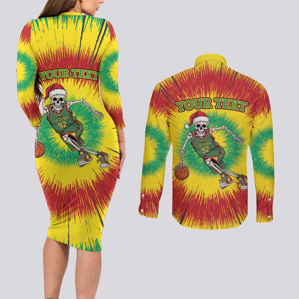 Personalized Lithuania Christmas Tie Dye Couples Matching Long Sleeve Bodycon Dress and Long Sleeve Button Shirt Skeleton Basketball Slam Dunk LT19