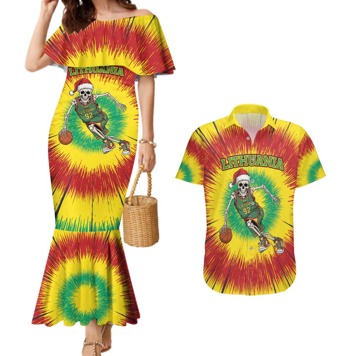 Personalized Lithuania Christmas Tie Dye Couples Matching Mermaid Dress and Hawaiian Shirt Skeleton Basketball Slam Dunk LT19