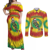 Personalized Lithuania Christmas Tie Dye Couples Matching Off Shoulder Maxi Dress and Long Sleeve Button Shirt Skeleton Basketball Slam Dunk LT19