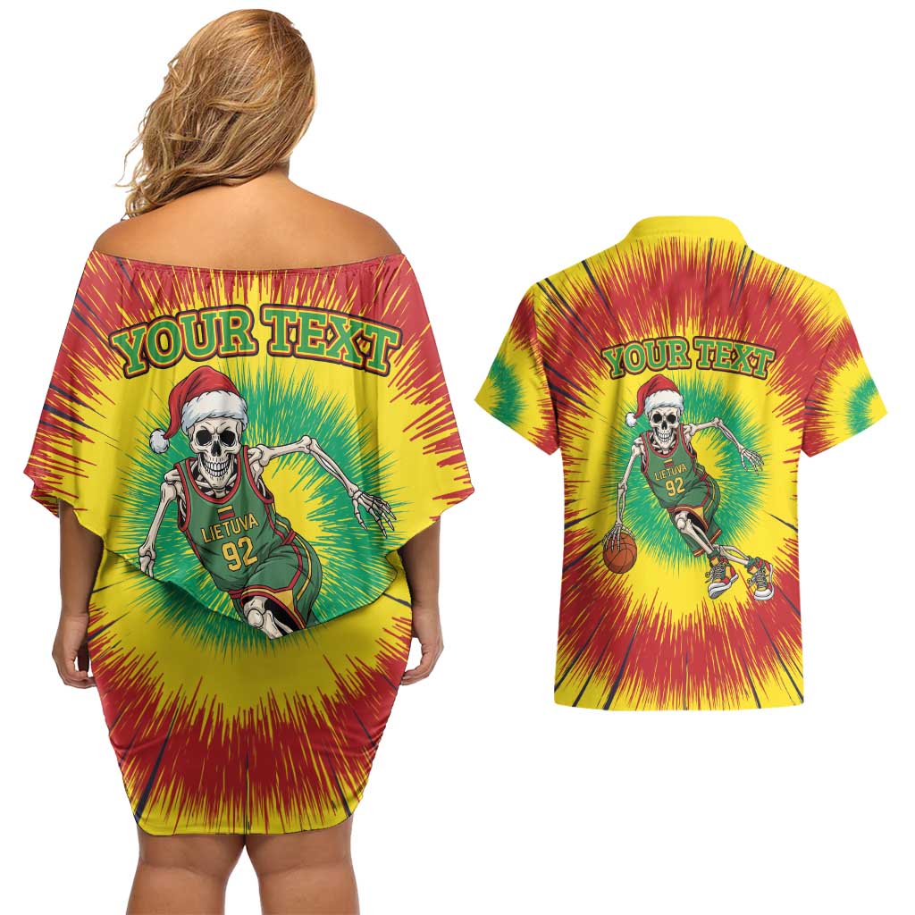 Personalized Lithuania Christmas Tie Dye Couples Matching Off Shoulder Short Dress and Hawaiian Shirt Skeleton Basketball Slam Dunk LT19