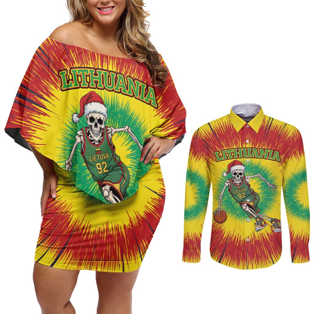 Personalized Lithuania Christmas Tie Dye Couples Matching Off Shoulder Short Dress and Long Sleeve Button Shirt Skeleton Basketball Slam Dunk LT19