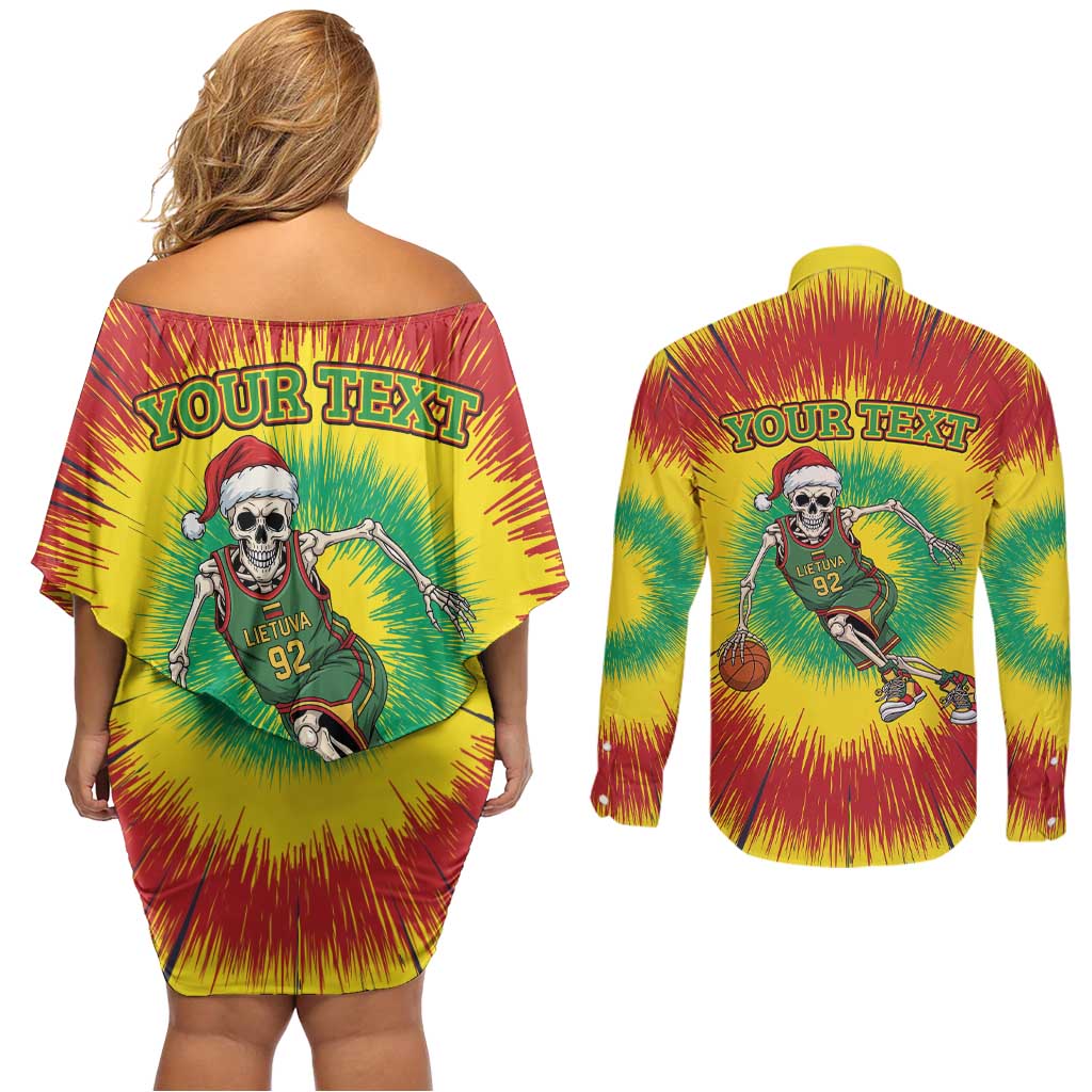 Personalized Lithuania Christmas Tie Dye Couples Matching Off Shoulder Short Dress and Long Sleeve Button Shirt Skeleton Basketball Slam Dunk LT19