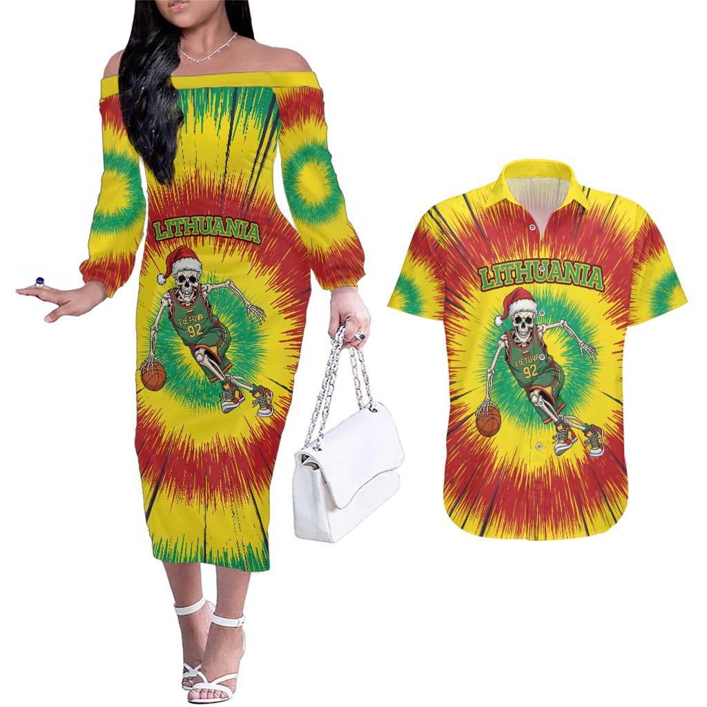 Personalized Lithuania Christmas Tie Dye Couples Matching Off The Shoulder Long Sleeve Dress and Hawaiian Shirt Skeleton Basketball Slam Dunk LT19