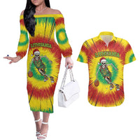 Personalized Lithuania Christmas Tie Dye Couples Matching Off The Shoulder Long Sleeve Dress and Hawaiian Shirt Skeleton Basketball Slam Dunk LT19