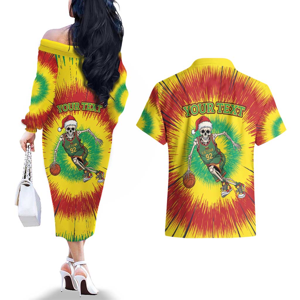 Personalized Lithuania Christmas Tie Dye Couples Matching Off The Shoulder Long Sleeve Dress and Hawaiian Shirt Skeleton Basketball Slam Dunk LT19