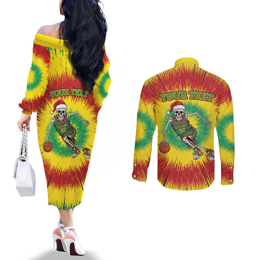 Personalized Lithuania Christmas Tie Dye Couples Matching Off The Shoulder Long Sleeve Dress and Long Sleeve Button Shirt Skeleton Basketball Slam Dunk LT19
