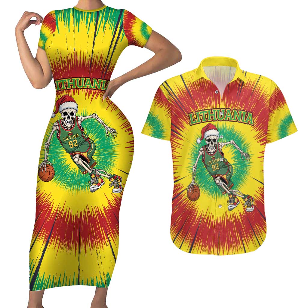 Personalized Lithuania Christmas Tie Dye Couples Matching Short Sleeve Bodycon Dress and Hawaiian Shirt Skeleton Basketball Slam Dunk LT19