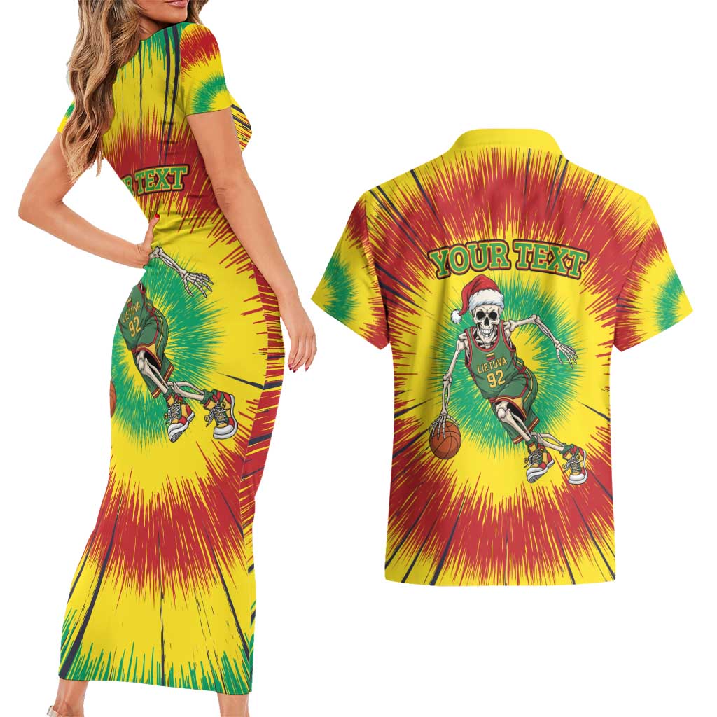 Personalized Lithuania Christmas Tie Dye Couples Matching Short Sleeve Bodycon Dress and Hawaiian Shirt Skeleton Basketball Slam Dunk LT19
