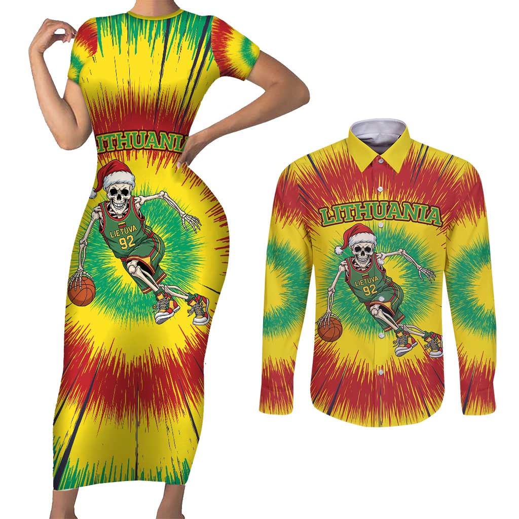 Personalized Lithuania Christmas Tie Dye Couples Matching Short Sleeve Bodycon Dress and Long Sleeve Button Shirt Skeleton Basketball Slam Dunk LT19
