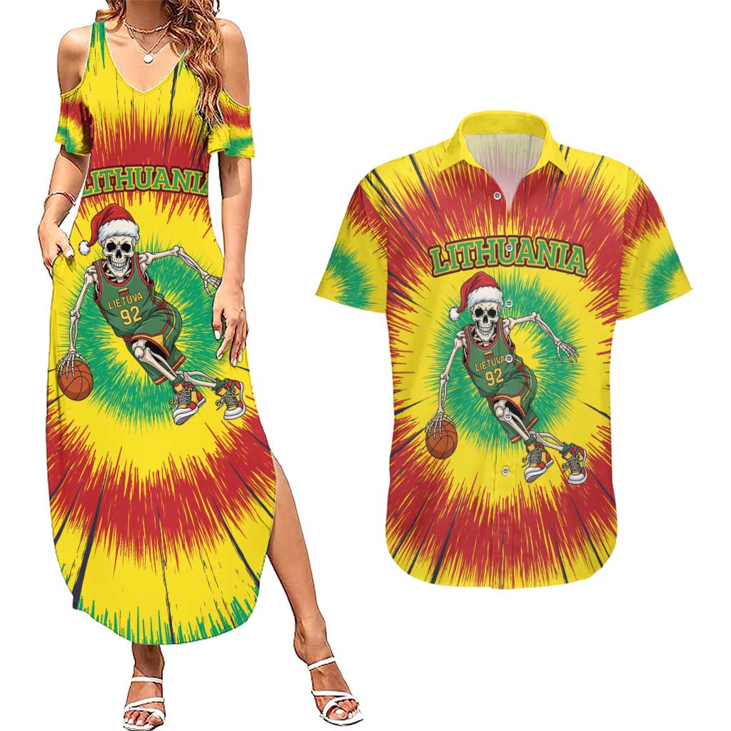 Personalized Lithuania Christmas Tie Dye Couples Matching Summer Maxi Dress and Hawaiian Shirt Skeleton Basketball Slam Dunk LT19