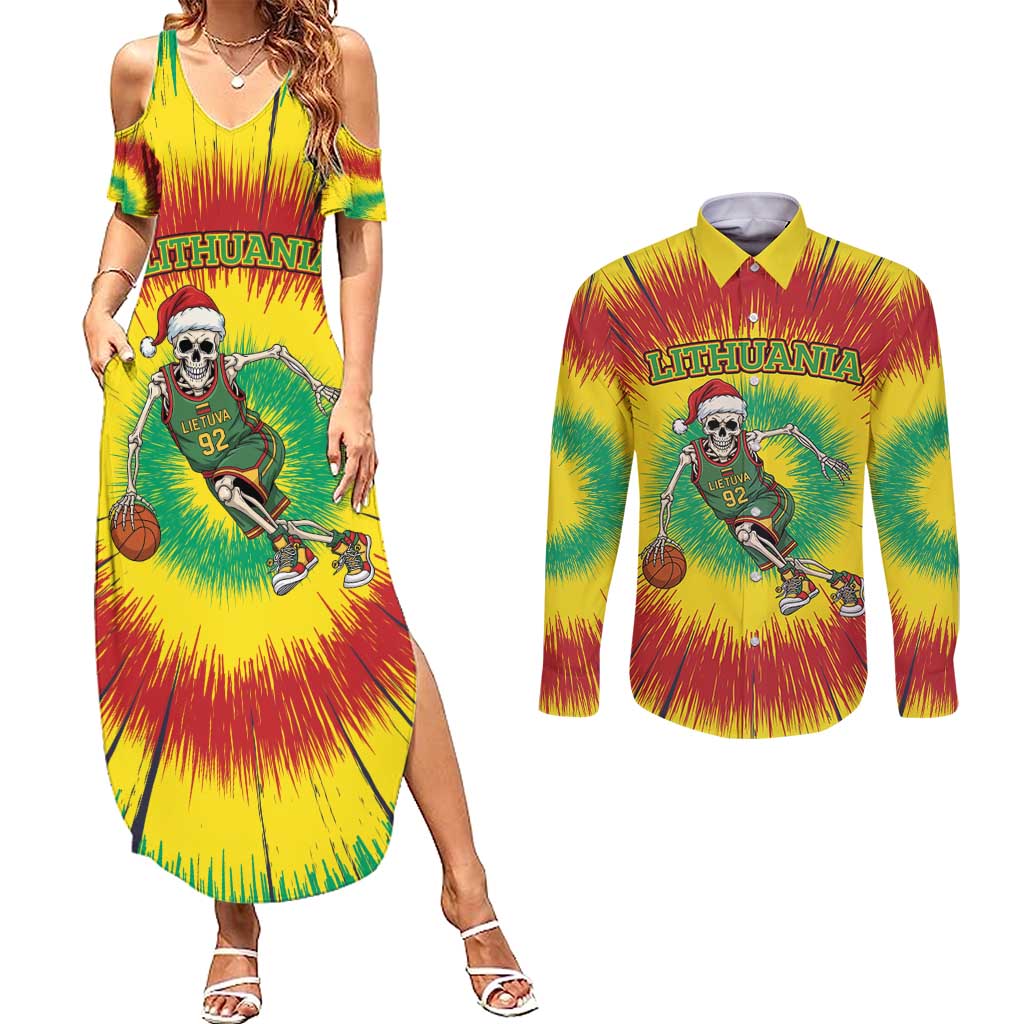 Personalized Lithuania Christmas Tie Dye Couples Matching Summer Maxi Dress and Long Sleeve Button Shirt Skeleton Basketball Slam Dunk LT19