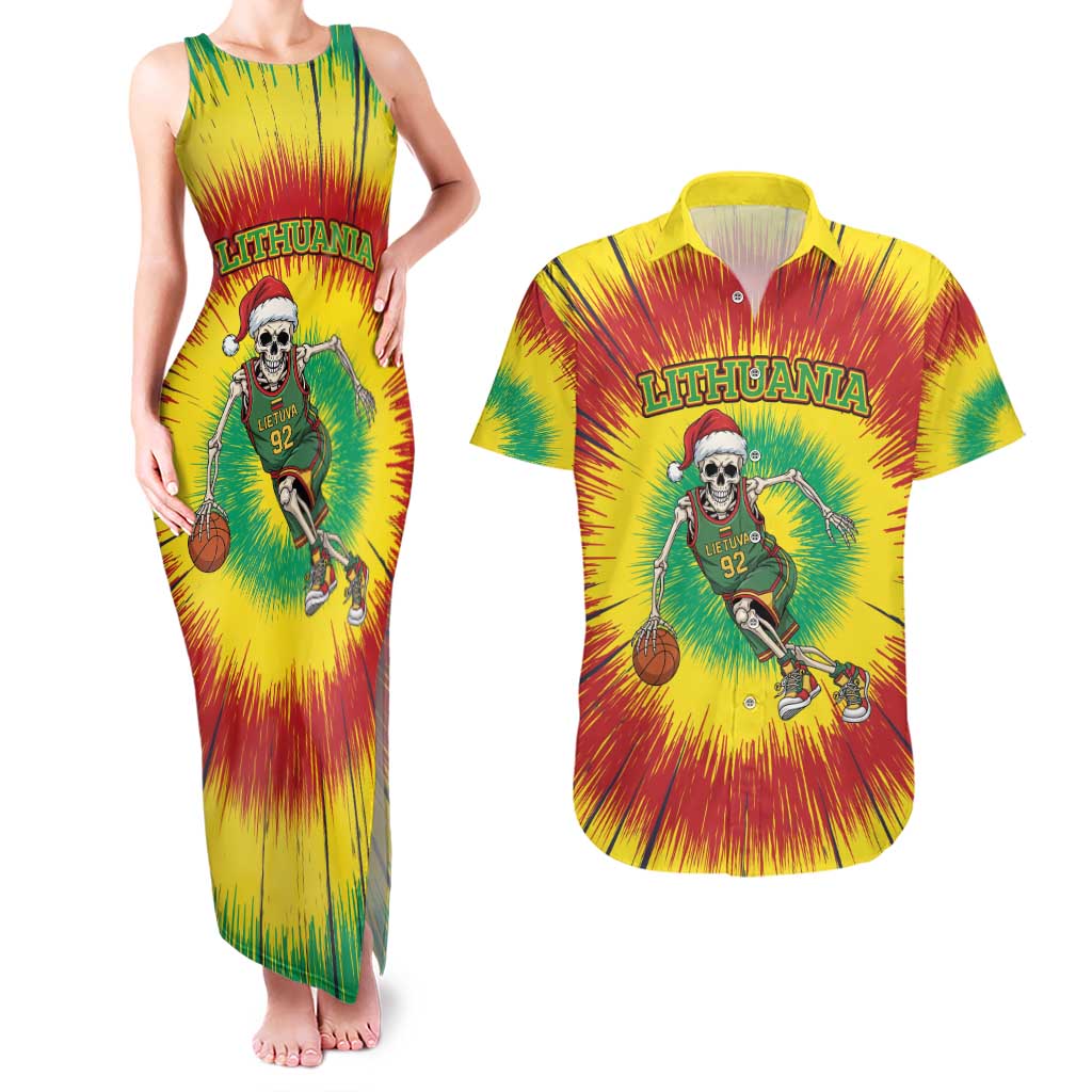 Personalized Lithuania Christmas Tie Dye Couples Matching Tank Maxi Dress and Hawaiian Shirt Skeleton Basketball Slam Dunk LT19