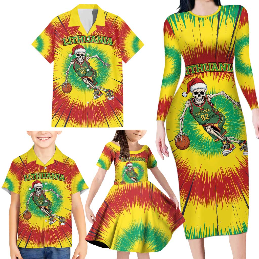 Personalized Lithuania Christmas Tie Dye Family Matching Long Sleeve Bodycon Dress and Hawaiian Shirt Skeleton Basketball Slam Dunk LT19