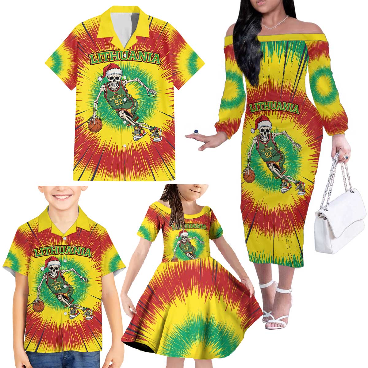 Personalized Lithuania Christmas Tie Dye Family Matching Off The Shoulder Long Sleeve Dress and Hawaiian Shirt Skeleton Basketball Slam Dunk LT19