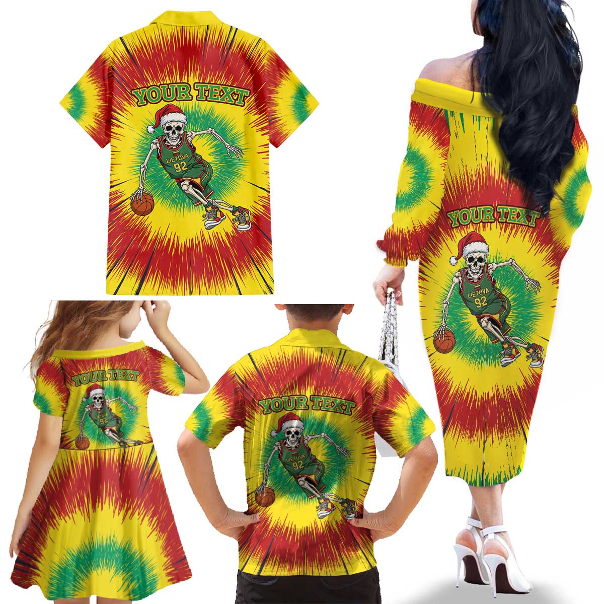 Personalized Lithuania Christmas Tie Dye Family Matching Off The Shoulder Long Sleeve Dress and Hawaiian Shirt Skeleton Basketball Slam Dunk LT19