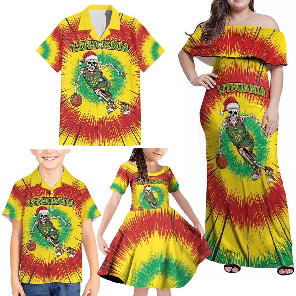 Personalized Lithuania Christmas Tie Dye Family Matching Off Shoulder Maxi Dress and Hawaiian Shirt Skeleton Basketball Slam Dunk LT19