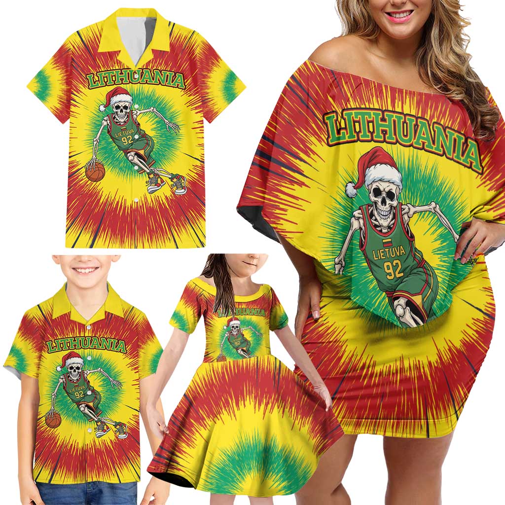 Personalized Lithuania Christmas Tie Dye Family Matching Off Shoulder Short Dress and Hawaiian Shirt Skeleton Basketball Slam Dunk LT19