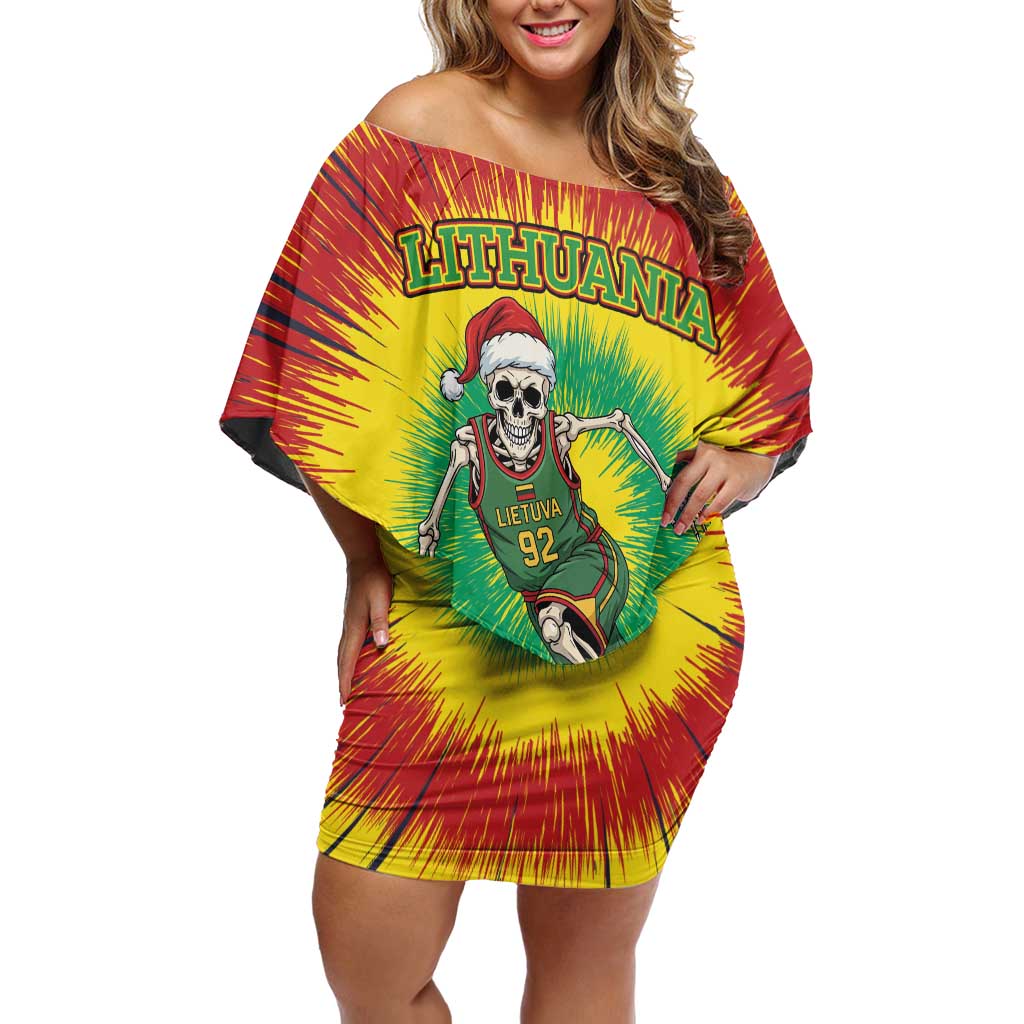 Personalized Lithuania Christmas Tie Dye Family Matching Off Shoulder Short Dress and Hawaiian Shirt Skeleton Basketball Slam Dunk LT19