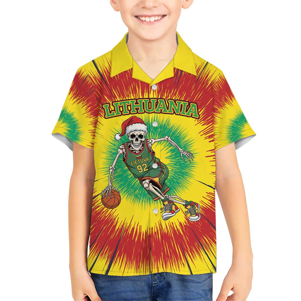 Personalized Lithuania Christmas Tie Dye Family Matching Off Shoulder Short Dress and Hawaiian Shirt Skeleton Basketball Slam Dunk LT19