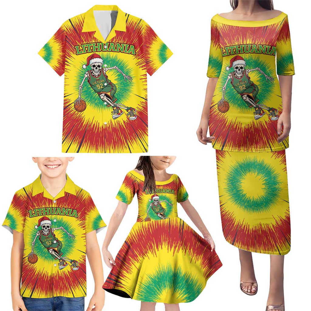 Personalized Lithuania Christmas Tie Dye Family Matching Puletasi and Hawaiian Shirt Skeleton Basketball Slam Dunk LT19