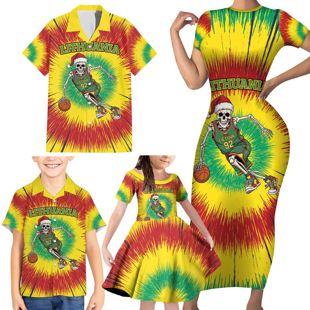 Personalized Lithuania Christmas Tie Dye Family Matching Short Sleeve Bodycon Dress and Hawaiian Shirt Skeleton Basketball Slam Dunk LT19