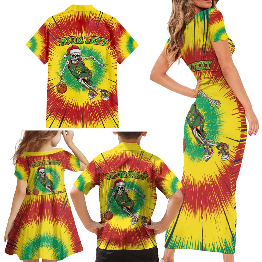 Personalized Lithuania Christmas Tie Dye Family Matching Short Sleeve Bodycon Dress and Hawaiian Shirt Skeleton Basketball Slam Dunk LT19