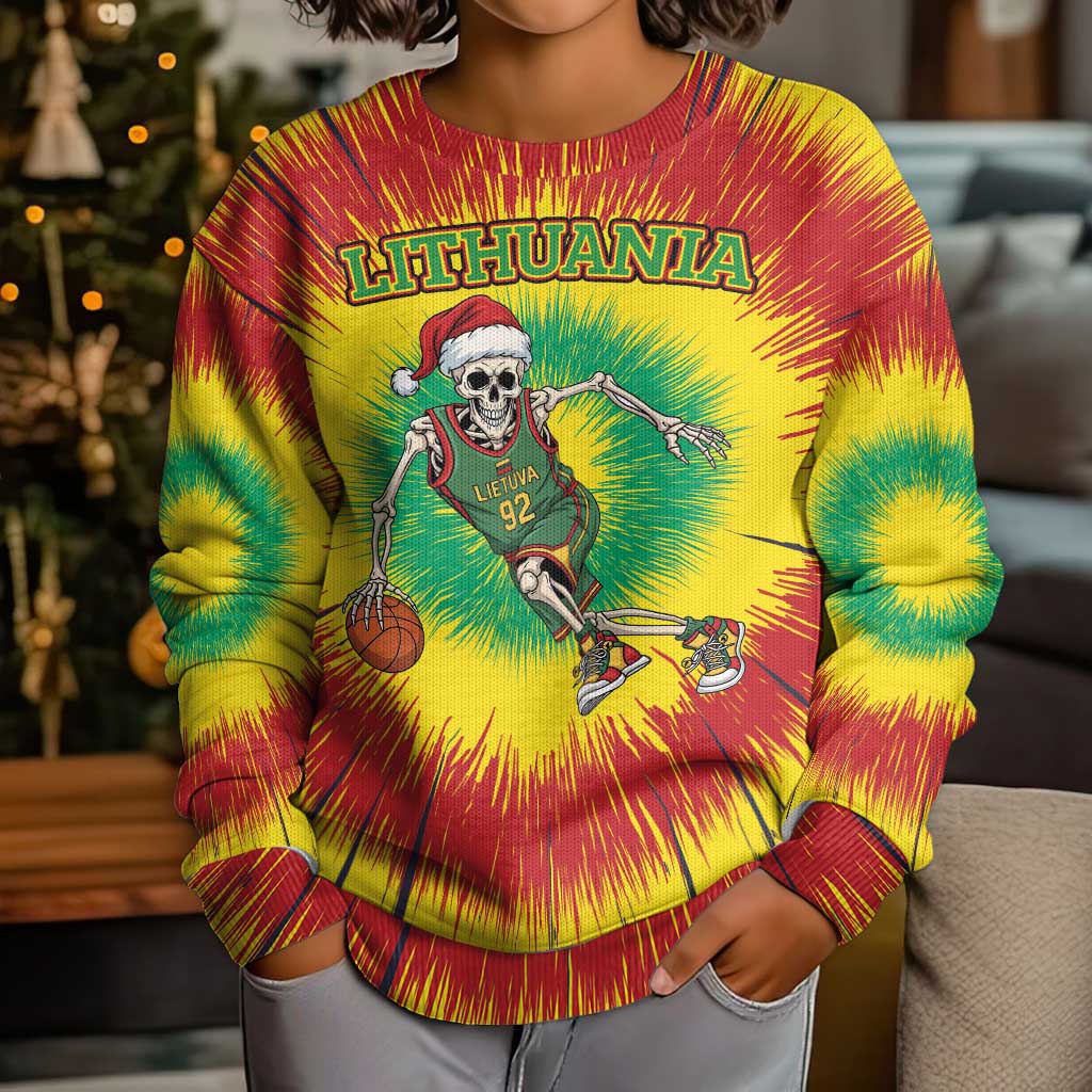 Lithuania Christmas Tie Dye Kid Ugly Christmas Sweater Skeleton Basketball Slam Dunk - Wonder Print Shop