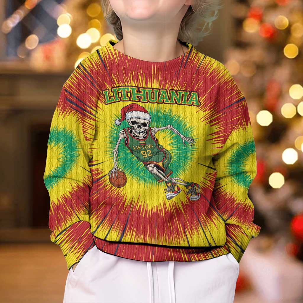 Lithuania Christmas Tie Dye Kid Ugly Christmas Sweater Skeleton Basketball Slam Dunk - Wonder Print Shop