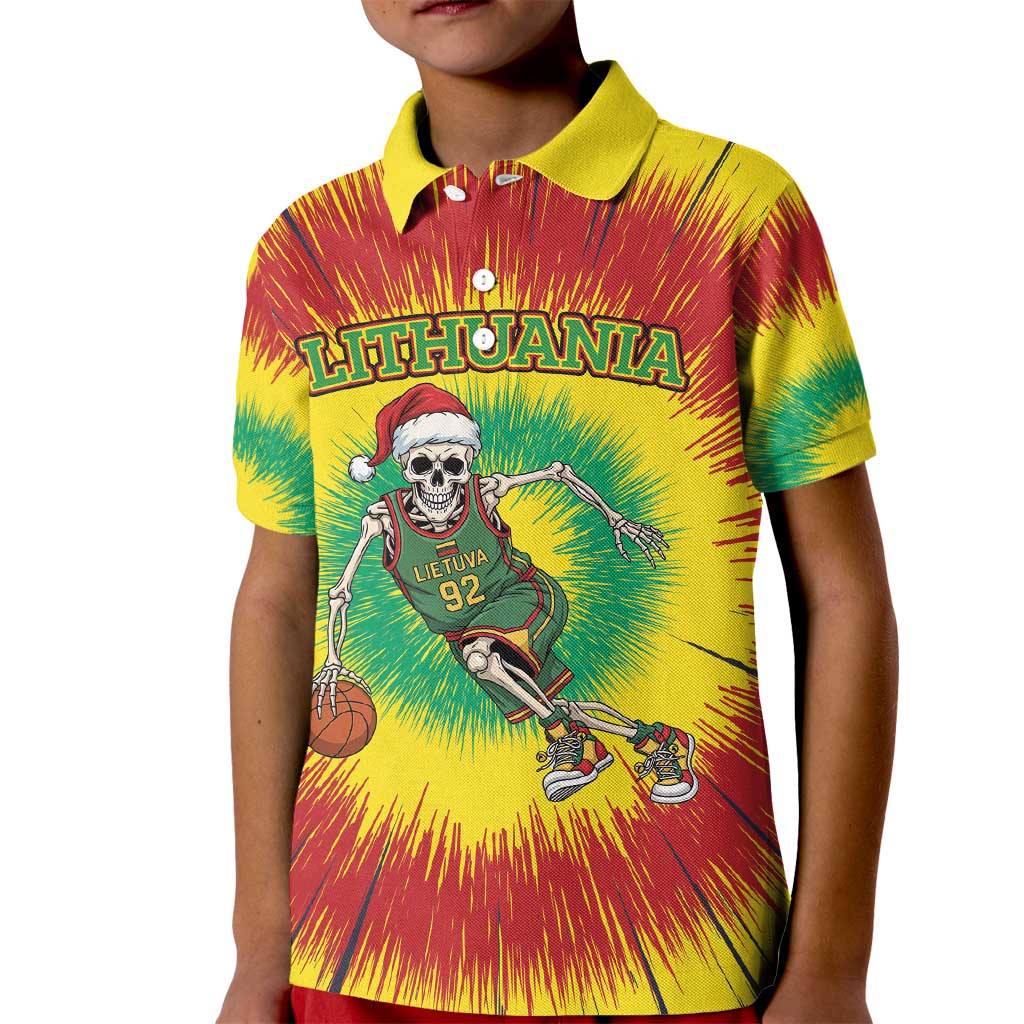 Personalized Lithuania Christmas Tie Dye Kid Polo Shirt Skeleton Basketball Slam Dunk LT19