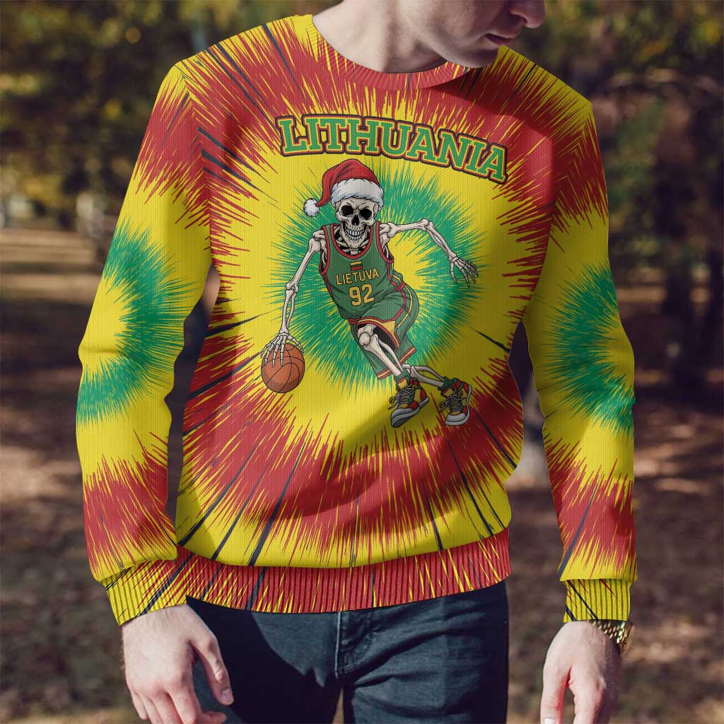 Lithuania Christmas Tie Dye Ugly Christmas Sweater Skeleton Basketball Slam Dunk - Wonder Print Shop