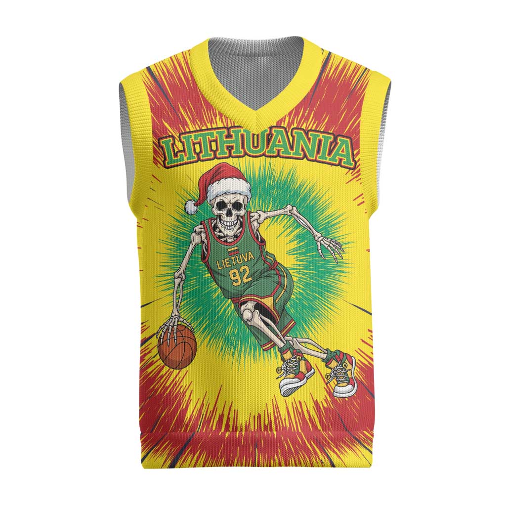 Personalized Lithuania Christmas Tie Dye Christmas Knitted V-Neck Vest Skeleton Basketball Slam Dunk - Wonder Print Shop
