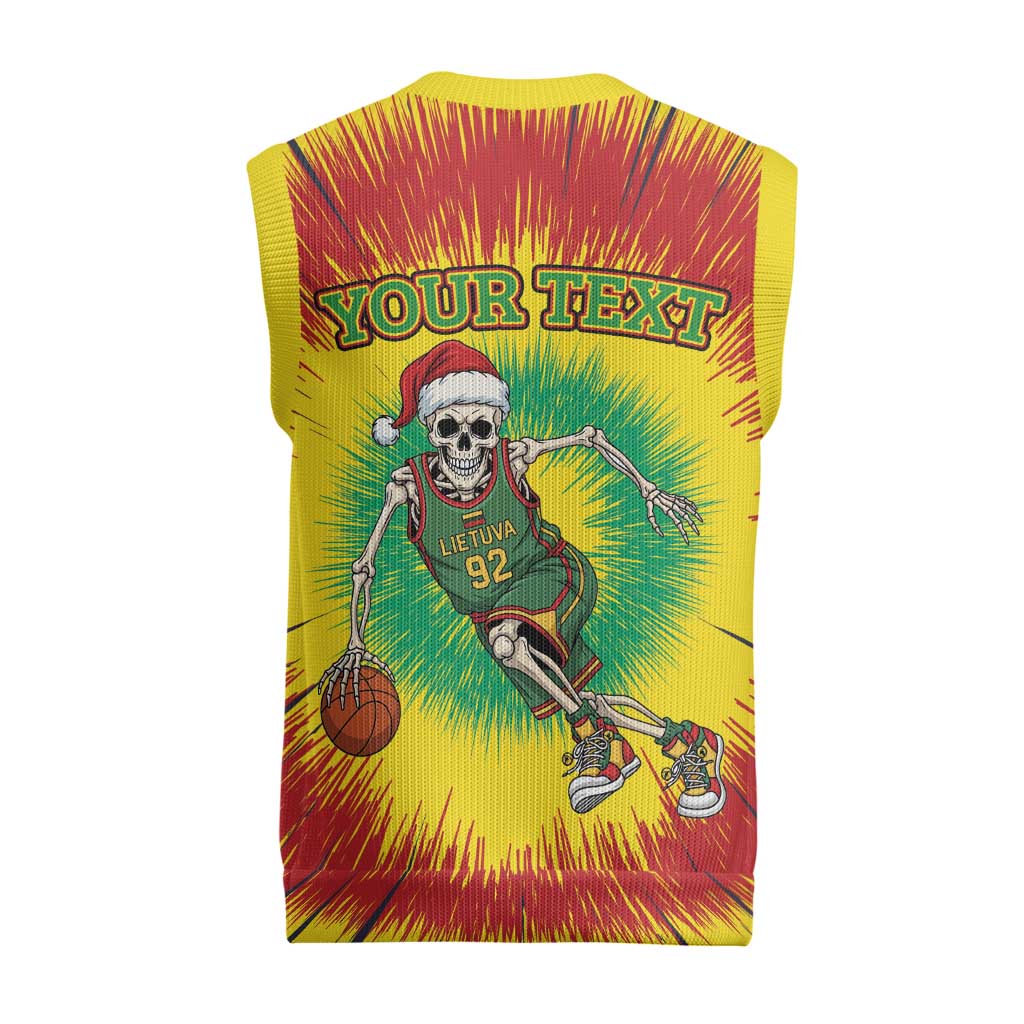 Personalized Lithuania Christmas Tie Dye Christmas Knitted V-Neck Vest Skeleton Basketball Slam Dunk - Wonder Print Shop