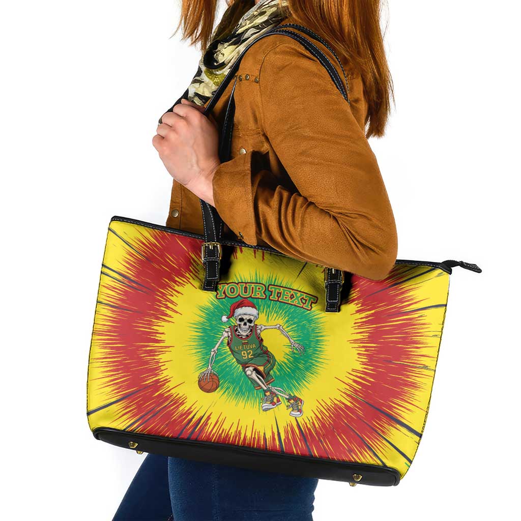 Lithuania Christmas Tie Dye Leather Tote Bag Skeleton Basketball Slam Dunk - Wonder Print Shop