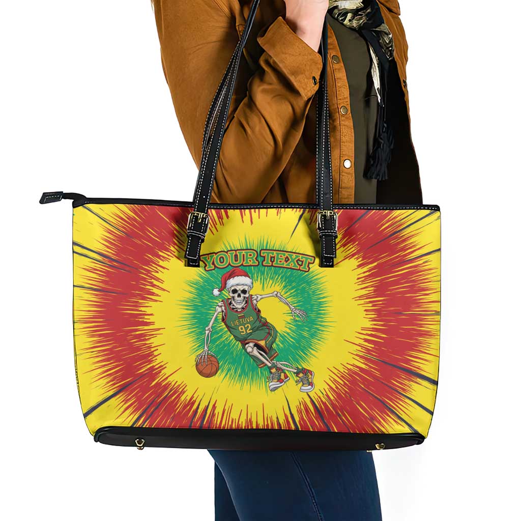 Lithuania Christmas Tie Dye Leather Tote Bag Skeleton Basketball Slam Dunk - Wonder Print Shop