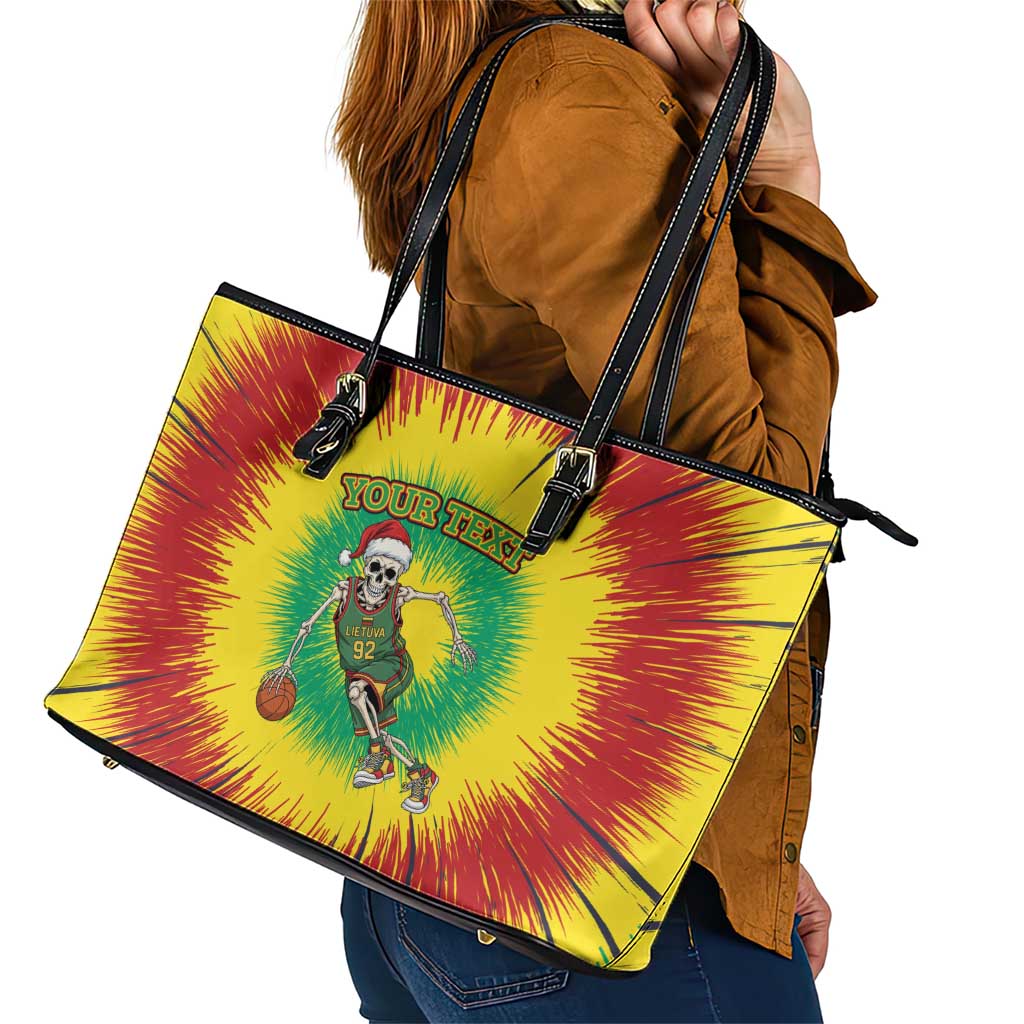 Lithuania Christmas Tie Dye Leather Tote Bag Skeleton Basketball Slam Dunk - Wonder Print Shop