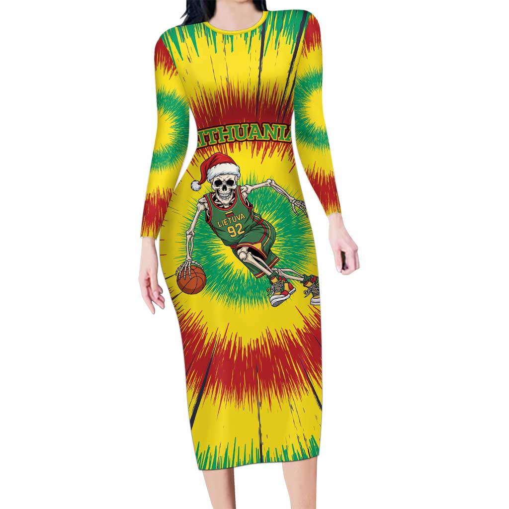 Personalized Lithuania Christmas Tie Dye Long Sleeve Bodycon Dress Skeleton Basketball Slam Dunk LT19
