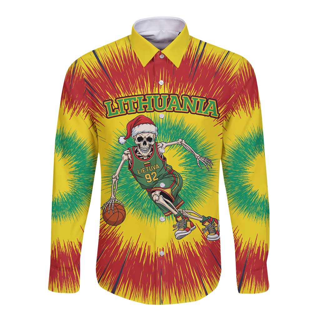 Personalized Lithuania Christmas Tie Dye Long Sleeve Button Shirt Skeleton Basketball Slam Dunk LT19