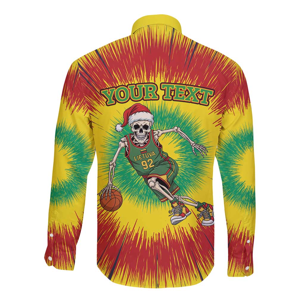 Personalized Lithuania Christmas Tie Dye Long Sleeve Button Shirt Skeleton Basketball Slam Dunk LT19