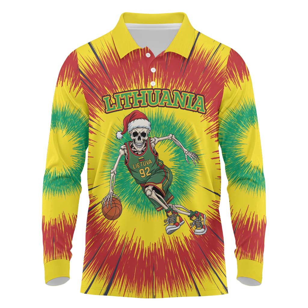 Personalized Lithuania Christmas Tie Dye Long Sleeve Polo Shirt Skeleton Basketball Slam Dunk LT19
