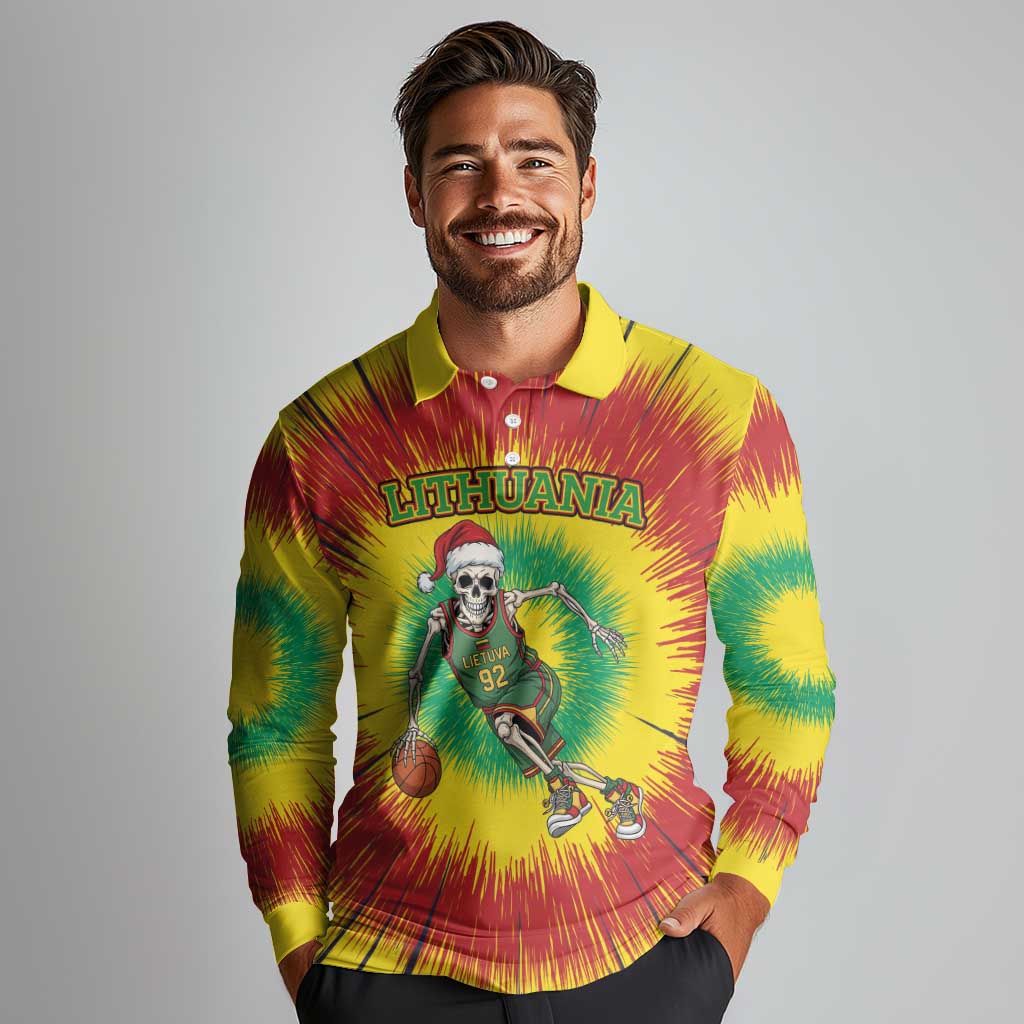 Personalized Lithuania Christmas Tie Dye Long Sleeve Polo Shirt Skeleton Basketball Slam Dunk LT19
