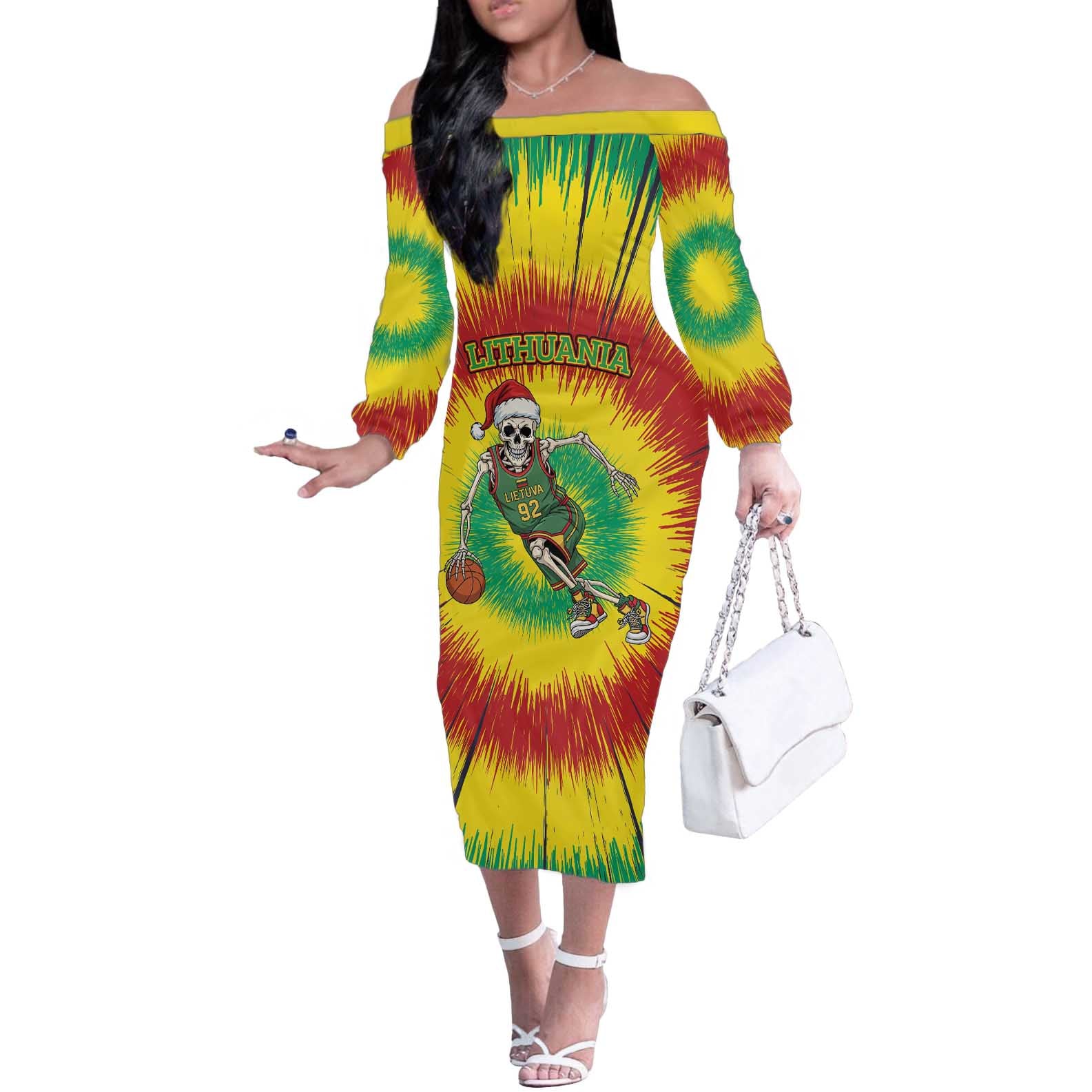 Personalized Lithuania Christmas Tie Dye Off The Shoulder Long Sleeve Dress Skeleton Basketball Slam Dunk LT19