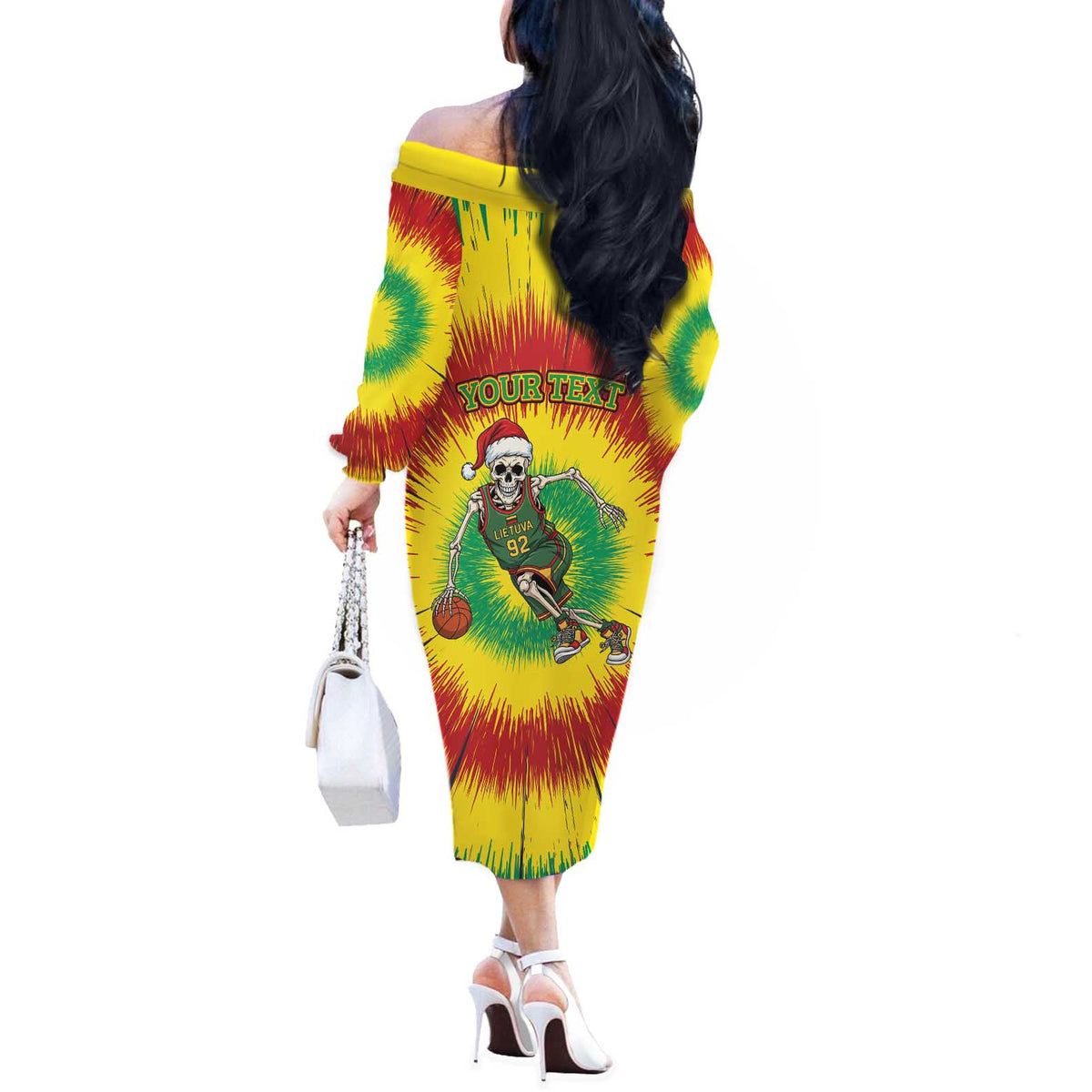 Personalized Lithuania Christmas Tie Dye Off The Shoulder Long Sleeve Dress Skeleton Basketball Slam Dunk LT19