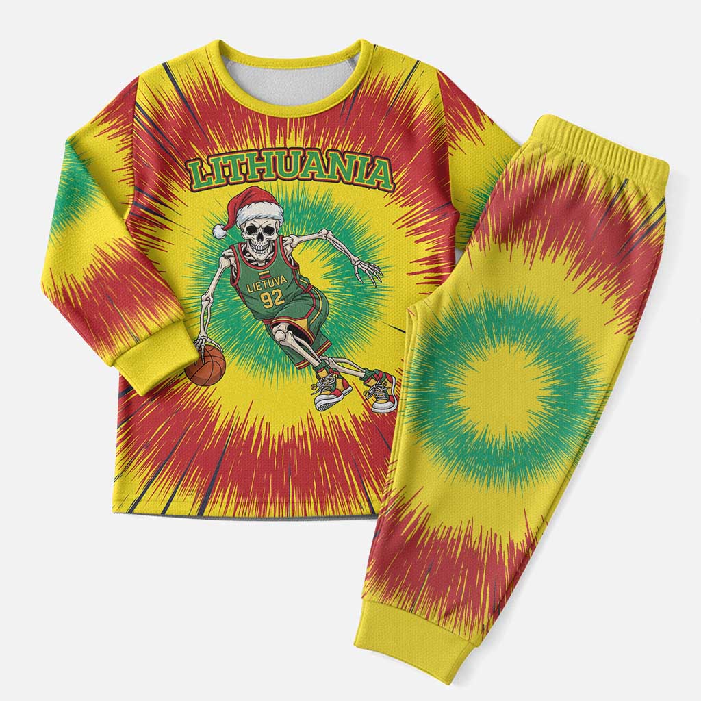 Personalized Lithuania Christmas Tie Dye Christmas Pajama Set Skeleton Basketball Slam Dunk - Wonder Print Shop
